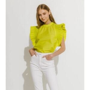 English Factory Lime Yellow Neon Poplin Ruffle Sleeve Blouse Tank Size Small